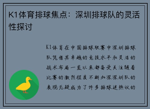 K1体育排球焦点：深圳排球队的灵活性探讨