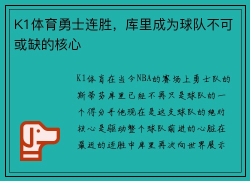 K1体育勇士连胜，库里成为球队不可或缺的核心
