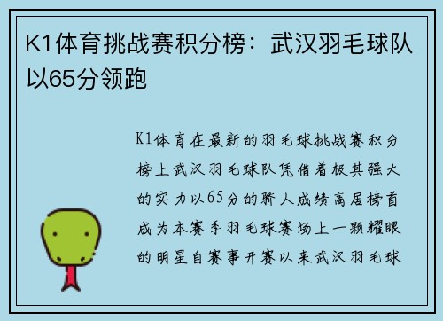 K1体育挑战赛积分榜：武汉羽毛球队以65分领跑